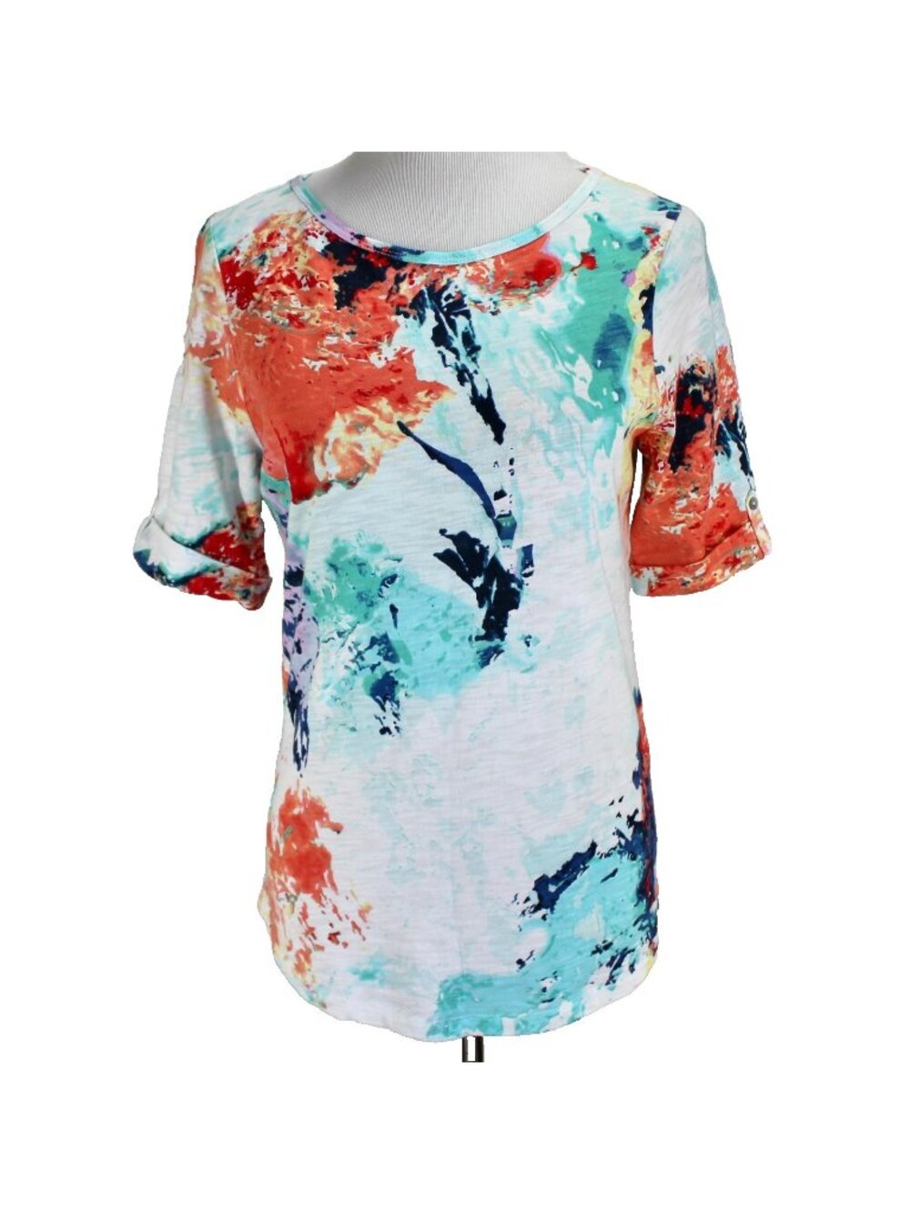 Chicos Knit Top Size 0 S Multi Color Print Cuffed Short Sleeve Cotton Blend